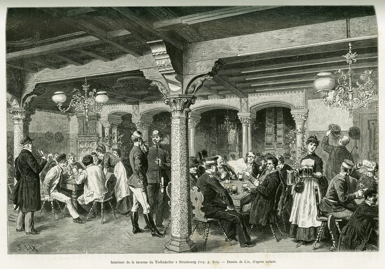 Interiør i Tiefenkeller taverna i Strasbourg. Gravering av Lix, for å illustrere historien A Through Alsace and Lorraine, i 1887, av Charles Grad, tysk stedfortreder, i tour du monde 1888, regissert av Edouard Charton (1807-1890), Hachette, Paris. av Frederic Theodore Lix