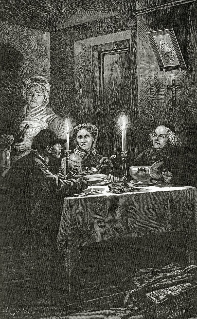 Jean Valjean blir mottatt og tatt vare på av biskop Myriel, 1800-tallet (bw-gravering) av Frederic Theodore Lix