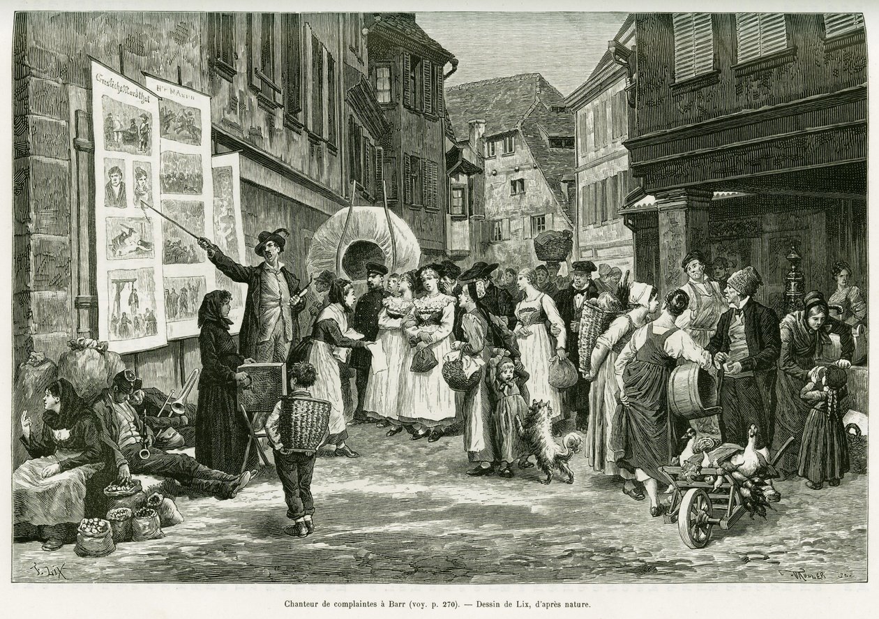 Klagesanger i gatene i Barr. Gravering av Lix, for å illustrere historien A Through Alsace and Lorraine, i 1887, av Charles Grad, tysk stedfortreder, i tour du monde 1888, regissert av Edouard Charton (1807-1890), Hachette, Paris. av Frederic Theodore Lix