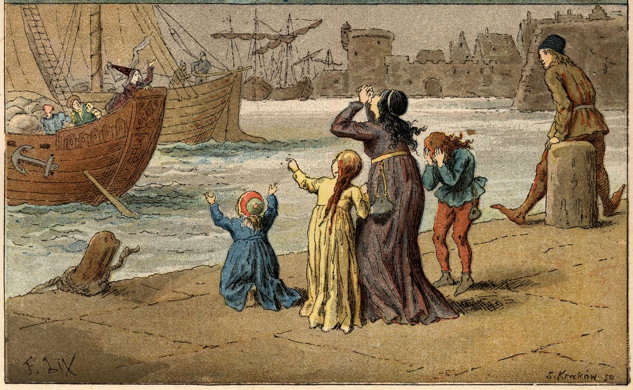 Populær sang: "A Nantes est arrive"". Barn sørger over havet sitt, tatt bort av en sjømann. Illustrasjon (detalj) av Frederic Theodore Lix (1830-1897) i "" Chansons et rounds enfantines des provinces de la France"" av Frederic Theodore Lix