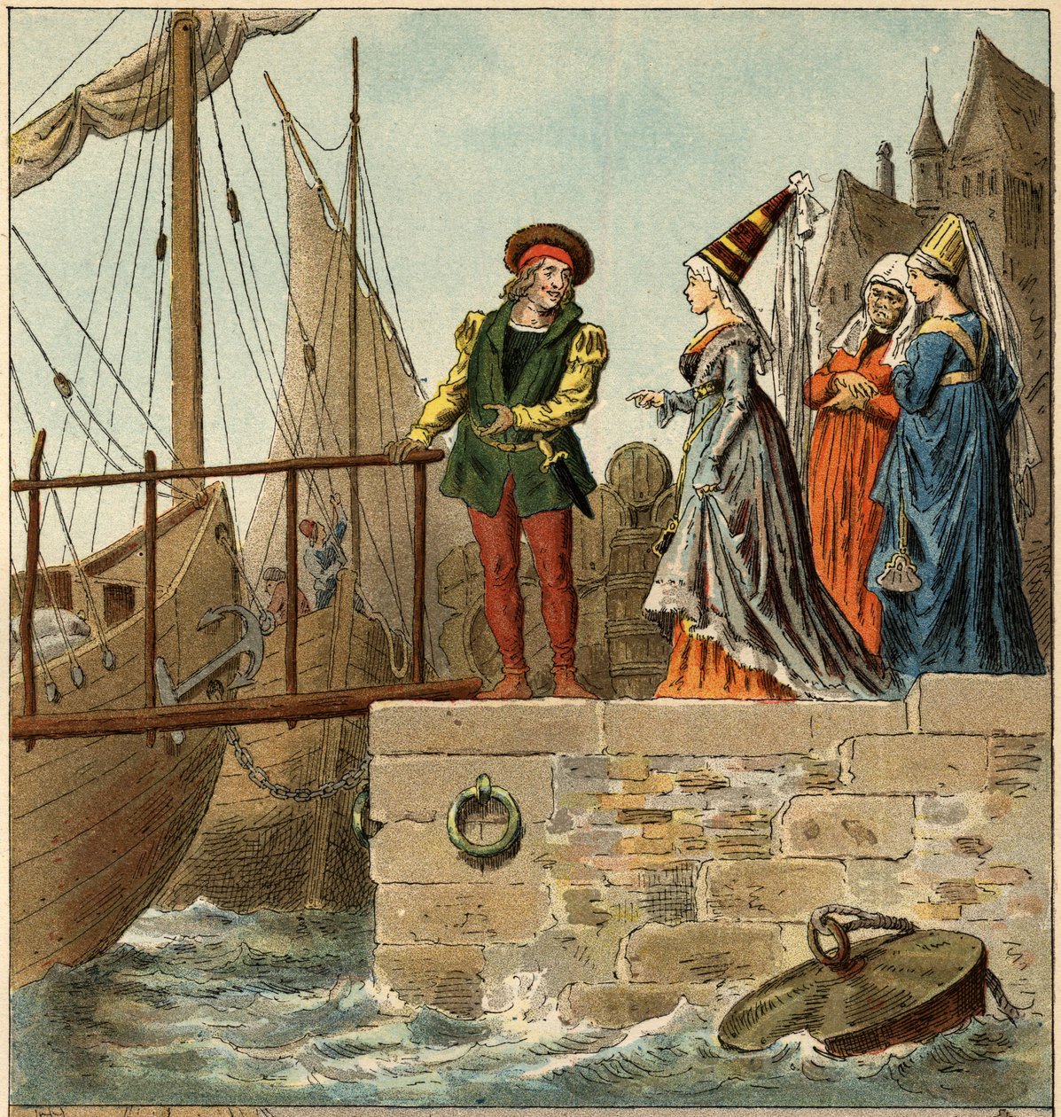 Populær sang: "A Nantes is arrived"". Illustrasjon (detalj) av Frederic Theodore Lix (1830-1897) i ""Barnesanger og runder fra provinsene i Frankrike"" av Frederic Theodore Lix