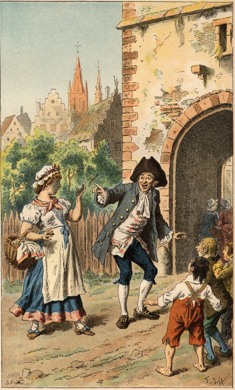 Popular song: “A Paris y a-t-une dame””. A man makes fun of a maid so the face is covered with polish. Illustration by Frederic Theodore Lix (1830-1897) in “” Chansons et rounds enfantines des provinces de la France”” av Frederic Theodore Lix