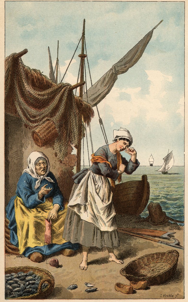 Popular song: “” A la peche au mussel”” Illustration by Frederic Theodore Lix (1830-1897). Frontispice of “” Chansons et rounds enfantines des provinces de la France” av Frederic Theodore Lix