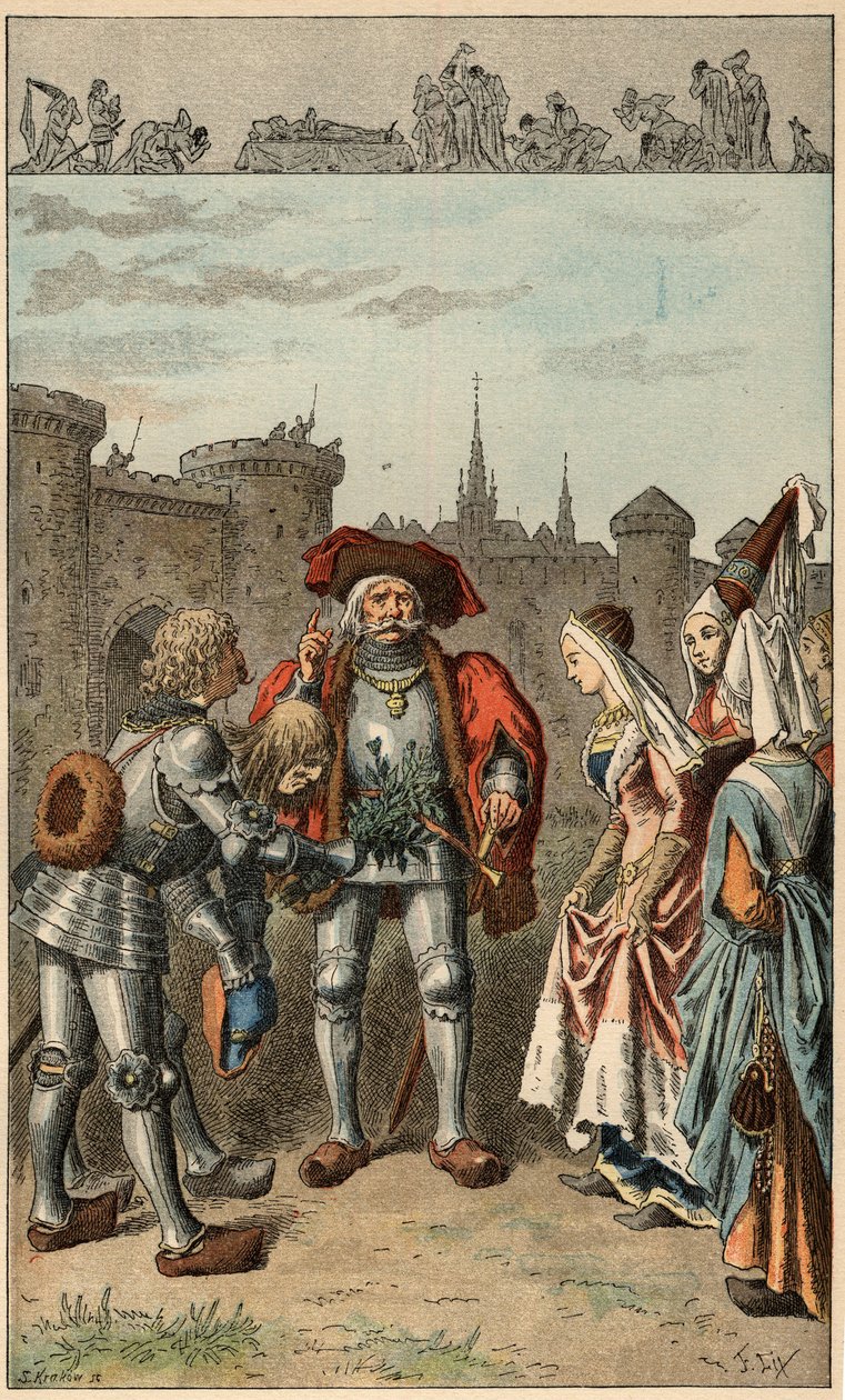 Populær sang: "It was Anne of Brittany"". Dronning av Frankrike Anne av Bretagne (1477-1514), som ankommer Rennes, mottar en bukett verbena. Illustrasjon av Frederic Theodore Lix (1830-1897) i ""Barnesanger og runder fra provinsene i Frankrike"" av Frederic Theodore Lix