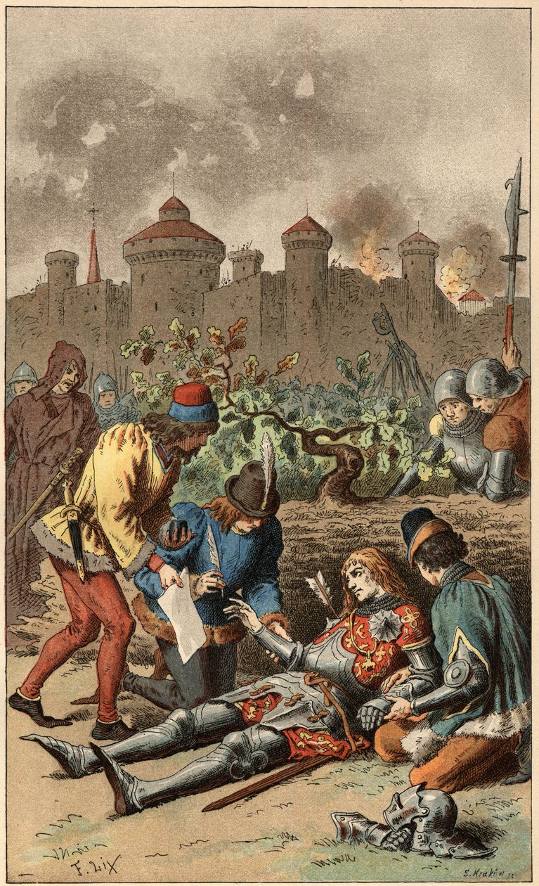 Populær sang: "It was the Grand Duke of Maine"". Døden til hertugen av Maine, gjennomboret av en pil. Illustrasjon av Frederic Theodore Lix (1830-1897) i "" Chansons et rounds enfantines des provinces de la France"" av Frederic Theodore Lix