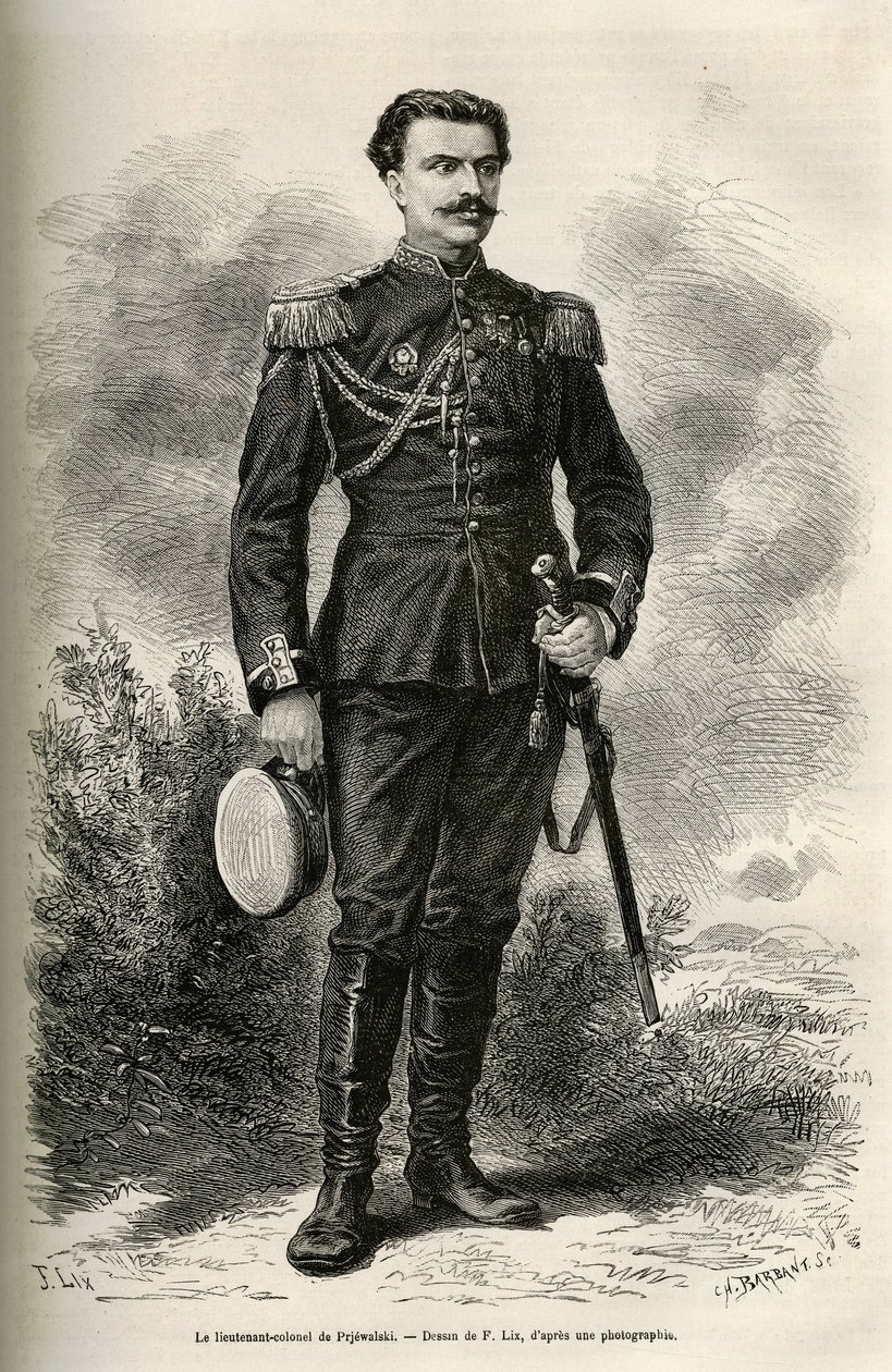 Portrett av den reisende og fortelleren oberstløytnant av Prjewalski, tegning av F.Lix for å illustrere reisen til Mongolia og Tangutenes land fra 1870 til 1873, av oberstløytnant av Prjewalski. Gravering i Le tour du monde av Frederic Theodore Lix
