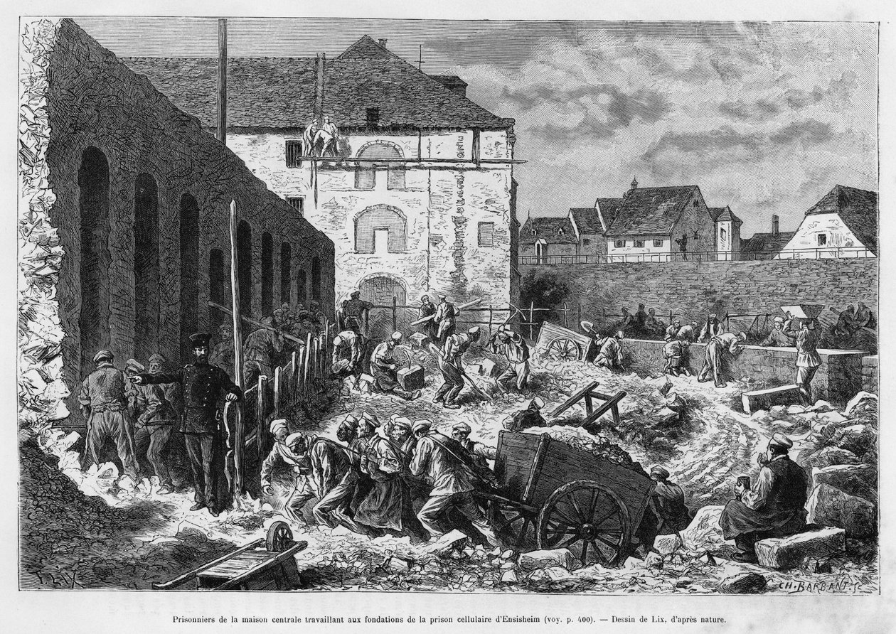 Fanger i sentralhuset som arbeider med grunnmuren til Ensisheim cellefengsel. Gravering av Lix for å illustrere historien A travers l