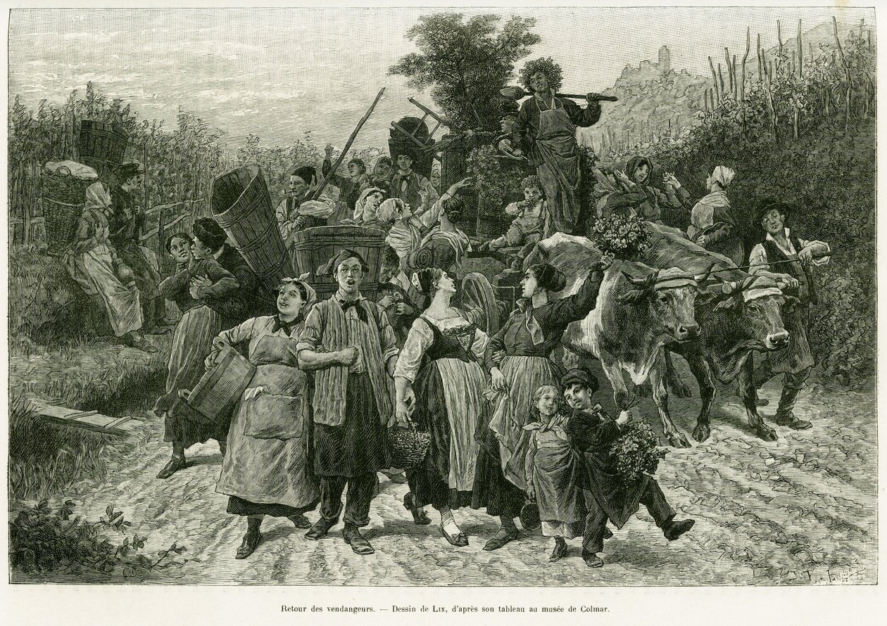 Retur av høsten. Gravering av Lix, for å illustrere historien A Through Alsace and Lorraine, i 1887, av Charles Grad, tysk stedfortreder, i tour du monde 1888, regissert av Edouard Charton (1807-1890), Hachette, Paris. av Frederic Theodore Lix