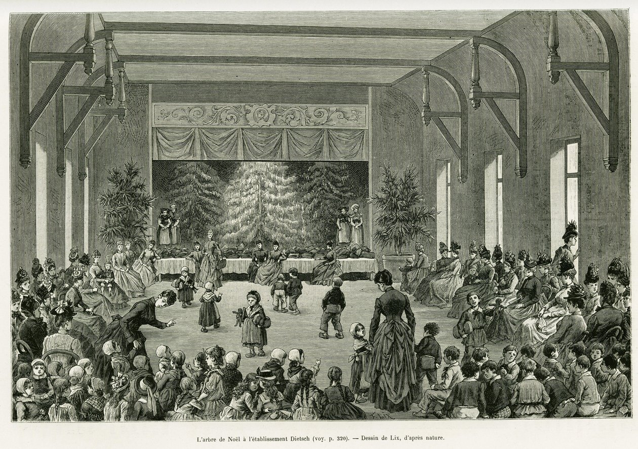 Juletreet på Dietsch-etablissementet. Gravering av Lix, for å illustrere historien A Through Alsace and Lorraine, i 1887, av Charles Grad, tysk stedfortreder, i tour du monde 1888, regissert av Edouard Charton (1807-1890), Hachette, Paris. av Frederic Theodore Lix