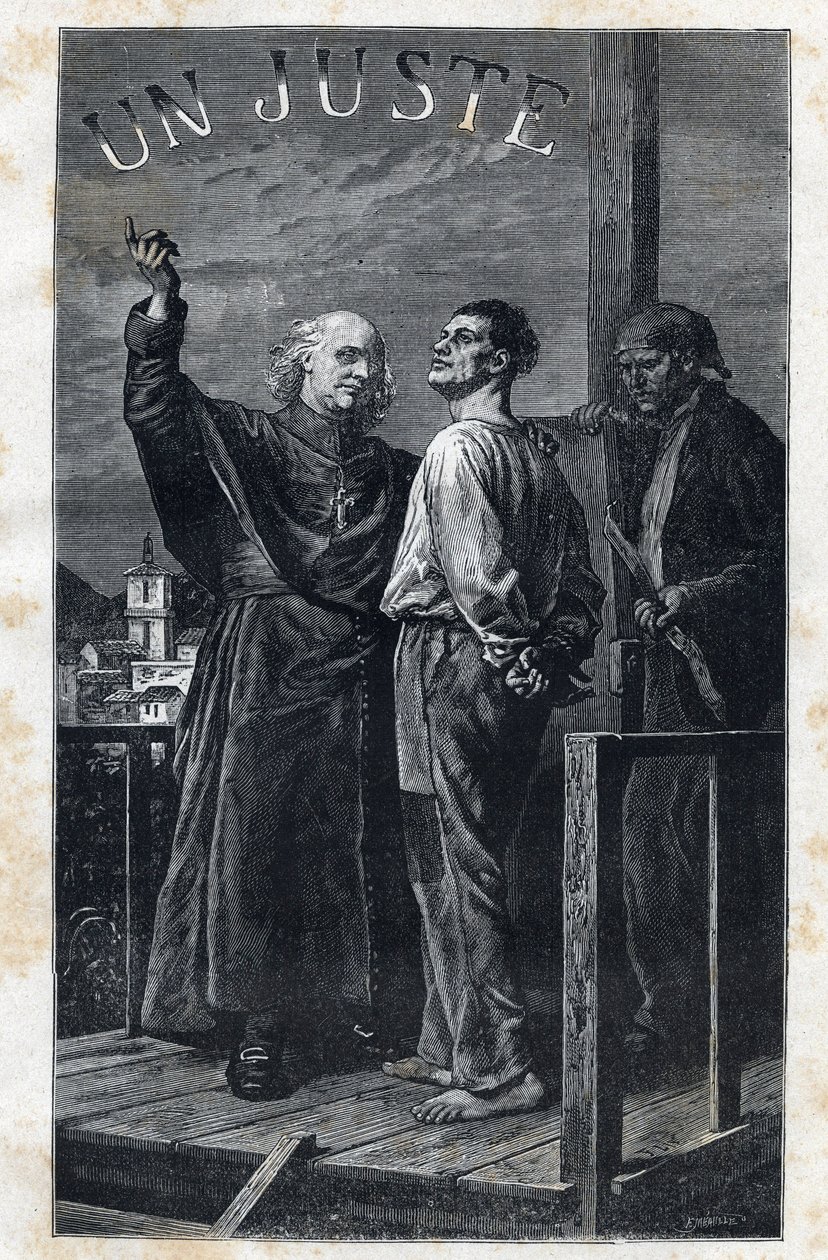 The eveque Myriel accompanies a death sentence that climbs on the scaffold - Illustration by Frederic Theodore Lix (1830-1897) for “The Miserables - First Part: Fantine” by Victor Hugo (1802-1885) 1862 av Frederic Theodore Lix