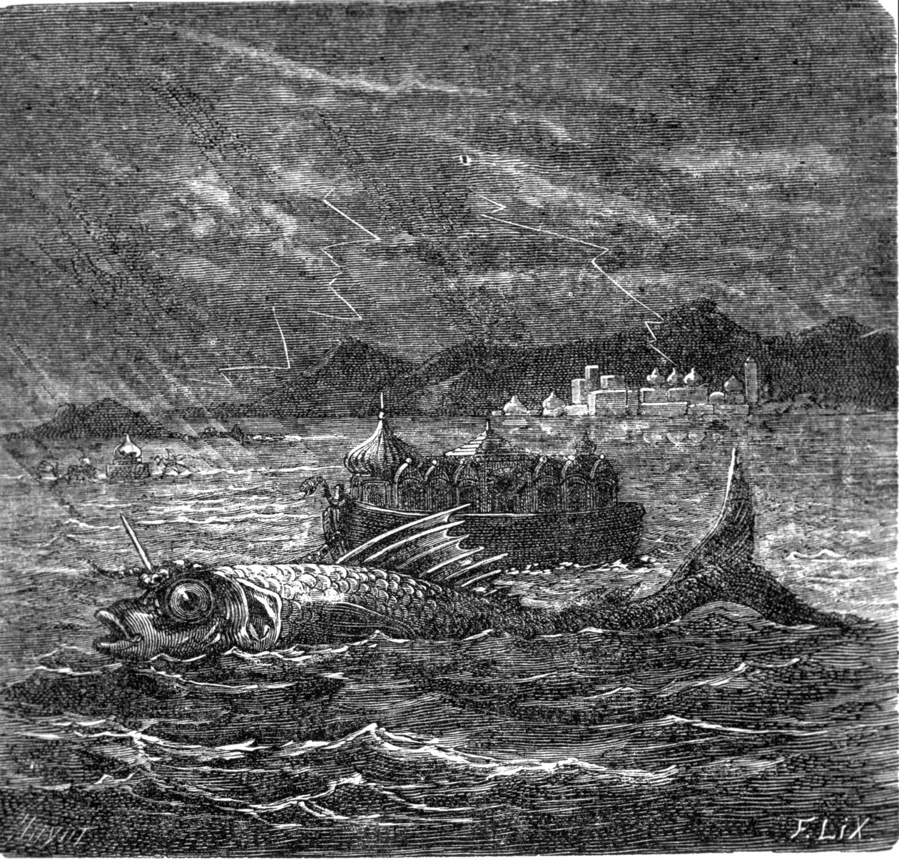 Den gigantiske fisken til den universelle flommen ifølge hinduene. av Frederic Theodore Lix
