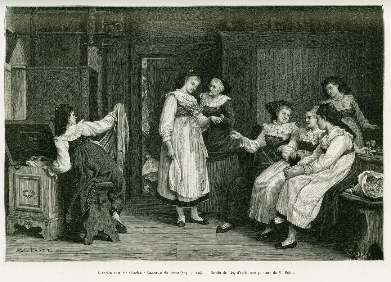 Den gamle Alsace-drakten. Gravering av Lix, etter et maleri Present de Noces av Pabst, for å illustrere historien A Through Alsace and Lorraine, av Charles Grad, tysk deputert, i 1885, i tour du monde 1887, under ledelse av Edouard Charton (1807) av Frederic Theodore Lix