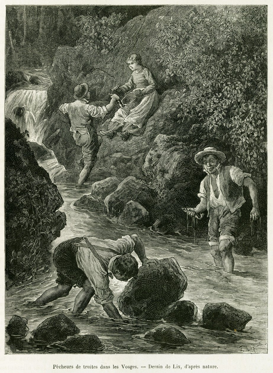Ørretfiskere i Vogesene. Gravering av Lix, for å illustrere historien A Through Alsace and Lorraine, av Charles Grad, tysk deputert, i 1885, i tour du monde 1887, under ledelse av Edouard Charton (1807-1890), Hachette, Paris. av Frederic Theodore Lix