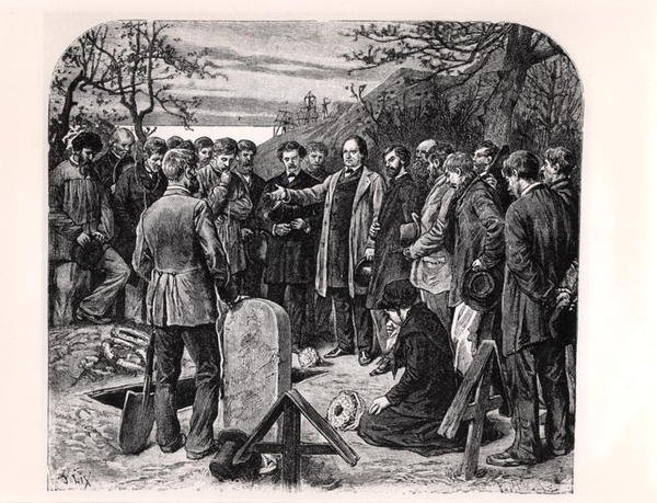 Victor Hugo (1802-85) på Guernsey holder begravelsestalen til en ledsager i eksil, ca. 1880 (gravering) (s/hvitt-foto) av Frederic Theodore Lix