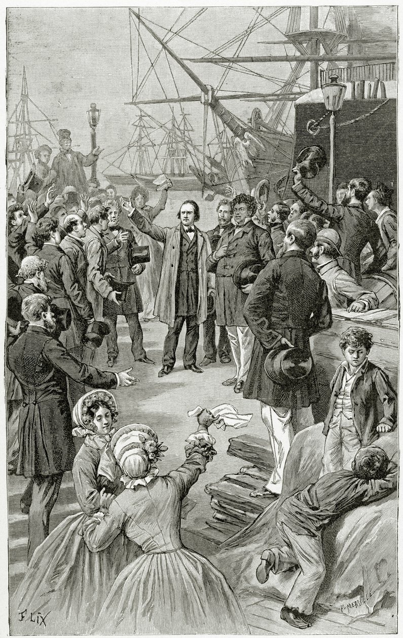 Victor Hugo hyller en universell republikk under en tale mens han var i eksil 1. august 1852, 1800-tallet (bw-gravering) av Frederic Theodore Lix