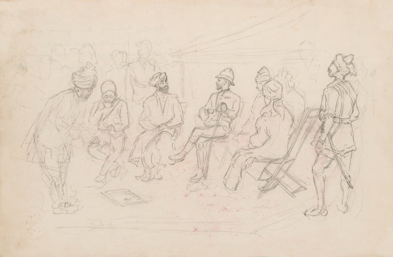 "Møtet mellom Cavagnari og Khan of Lalpura ved Dakka i februar 1879" (blyant) av Frederic Villiers