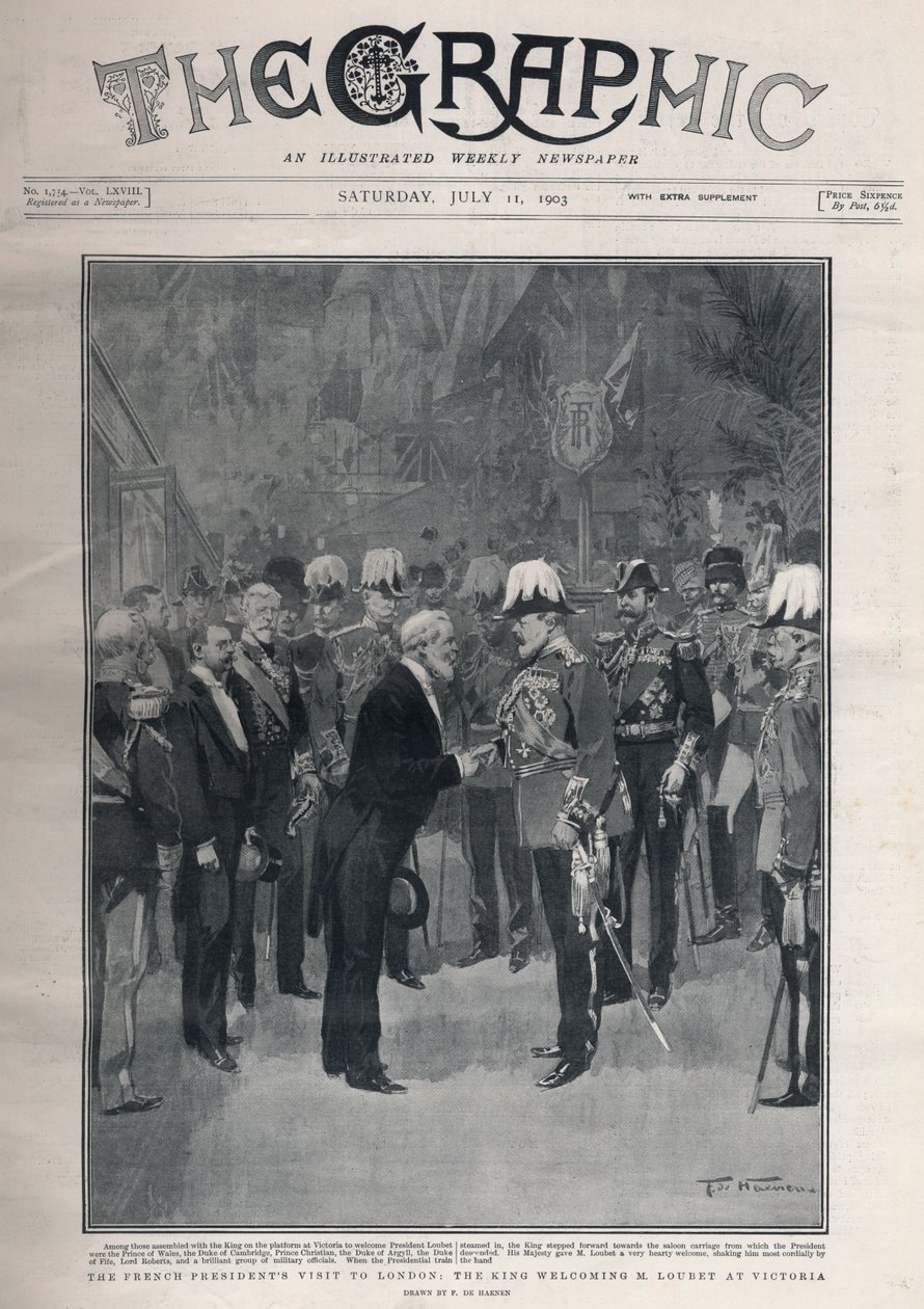 Entente cordiale: den franske presidenten Emile Loubets besøker London. Kong Edward VII ønsker M. Loubet velkommen på Victoria Station. av Frederic de Haenen