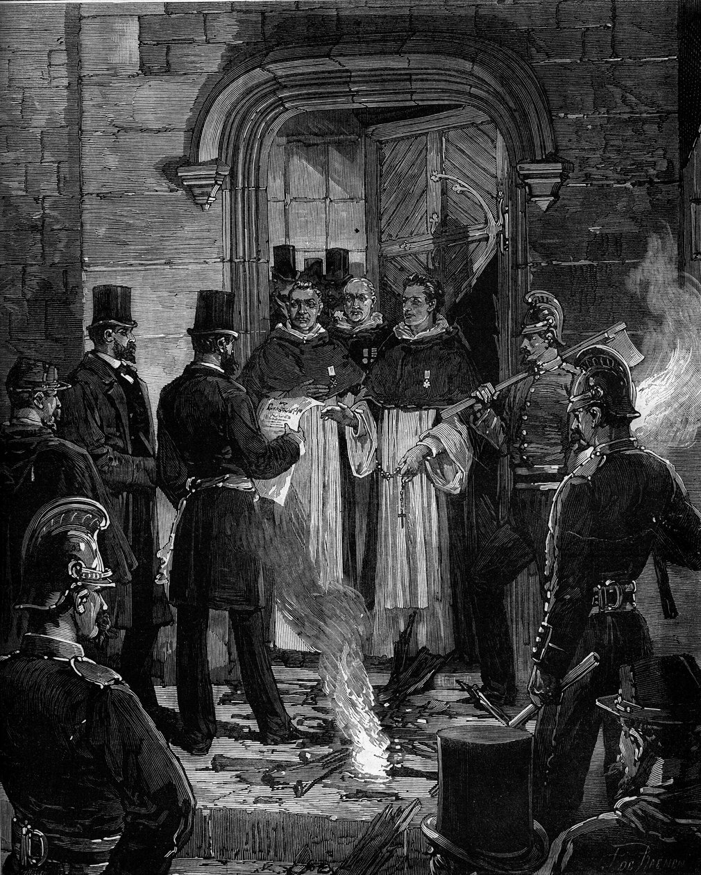 Utvisning av dominikanere fra Rue de Jean de Beauvais i Paris etter dekretene fra mars 1880 tatt av Jules Ferry og fjerning av retten til å undervise medlemmer av uautoriserte religiøse kongregasjoner: lesing av meldingen om dekreter til R.P. Merci av Frederic de Haenen