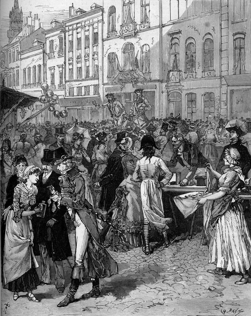 Historisk feiring av markeringen av beleiringen av Lille i 1792: Braderie Watteau (stor messe) i gatene i byen med de fasjonable innbyggerne på 1700-tallet. Gravering av De Haenen i "" Le Monde Illustré"" n°1334 av 21. okt. av Frederic de Haenen