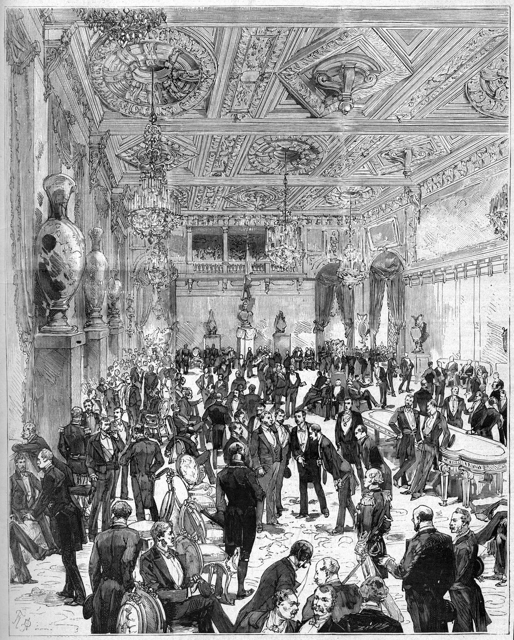 Innvielse av Hotel de Ville de Paris 14. juli 1882, gjenoppbygd etter brannen i 1871: utsikt over bystyresalen ved ankomsten av president Jules Grevy (1807-1891). Gravering av De Haenen og Dosso i "" The Illustrous World"" nr. 1321 av 2 av Frederic de Haenen
