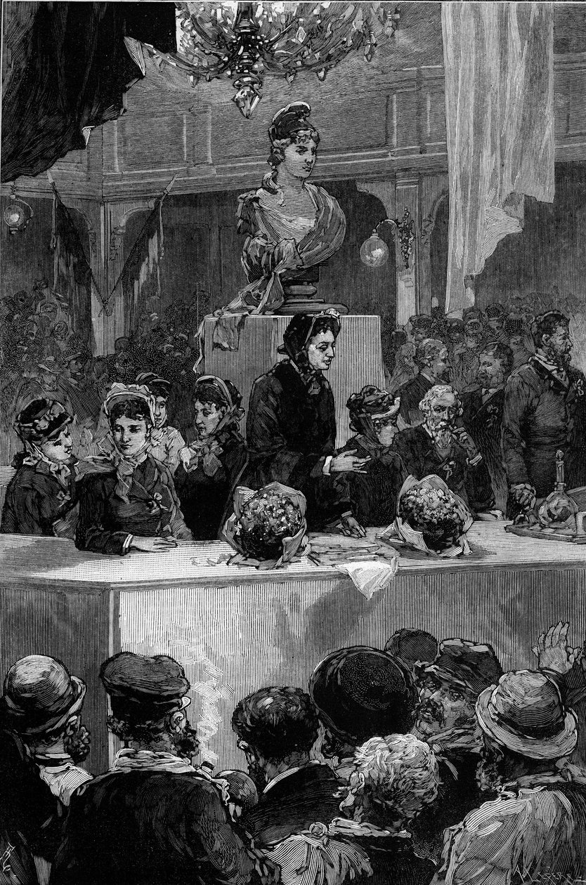 Foredrag av Louise Michel (1830-1905), Graffard-rommet i Paris, 30. november 1880. Gravering av de Haenen i “” The Illustrous World”” nr. 1237 av 11. desember 1880. av Frederic de Haenen