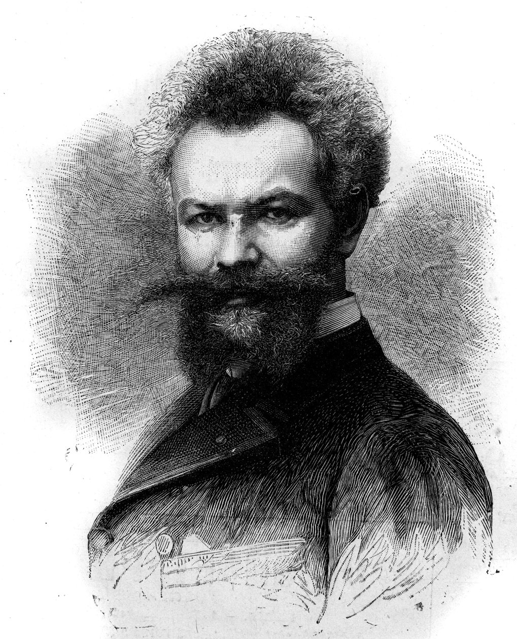 Portrett av Mihaly Munkacsy (1844-1900), ungarsk maler. Gravering i "" Le Monde Illustré"" nr. 1306 av 8. april 1882. av Frederic de Haenen