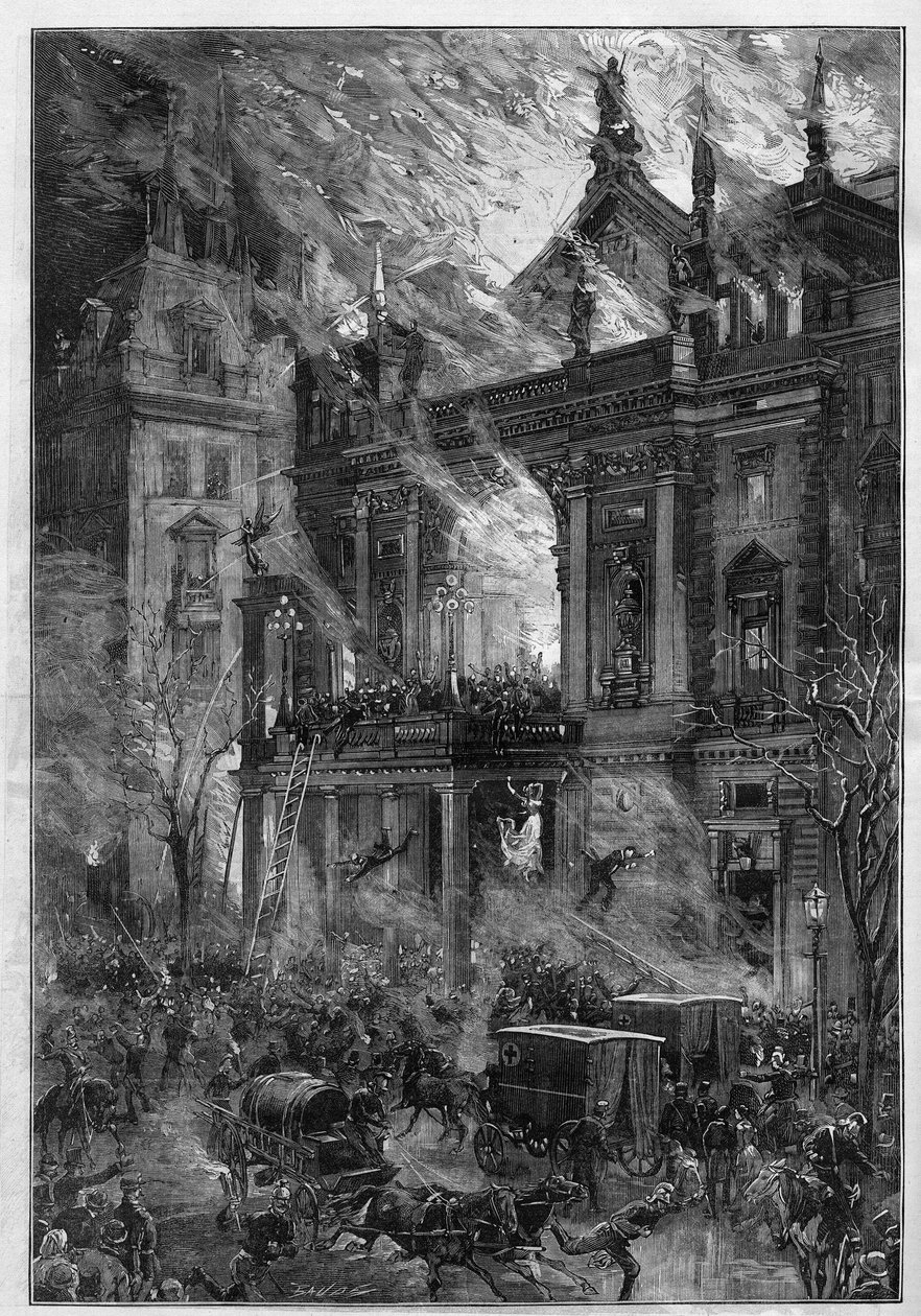 Brannen i Opera Wiener Ringtheater i Wien (Østerrike) 5. desember 1881. Gravering av De Haenen i "" Le Monde Illustré"" nr. 1291 av 24. desember 1881. av Frederic de Haenen