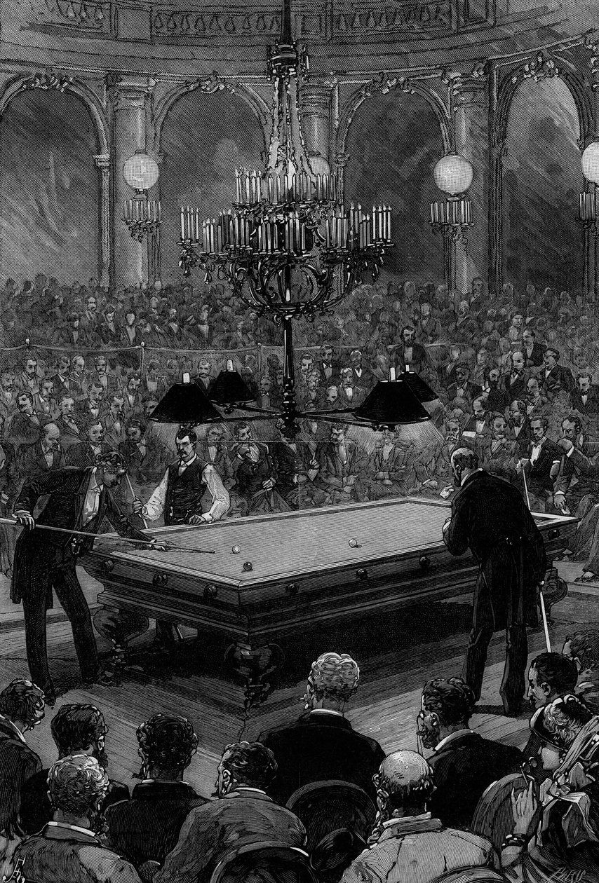 The grand international billiard match between Mr. Slosson, American champion, and Mr. Vignaux, French champion, in the Zodiaque room at the Grand Hotel de Paris av Frederic de Haenen