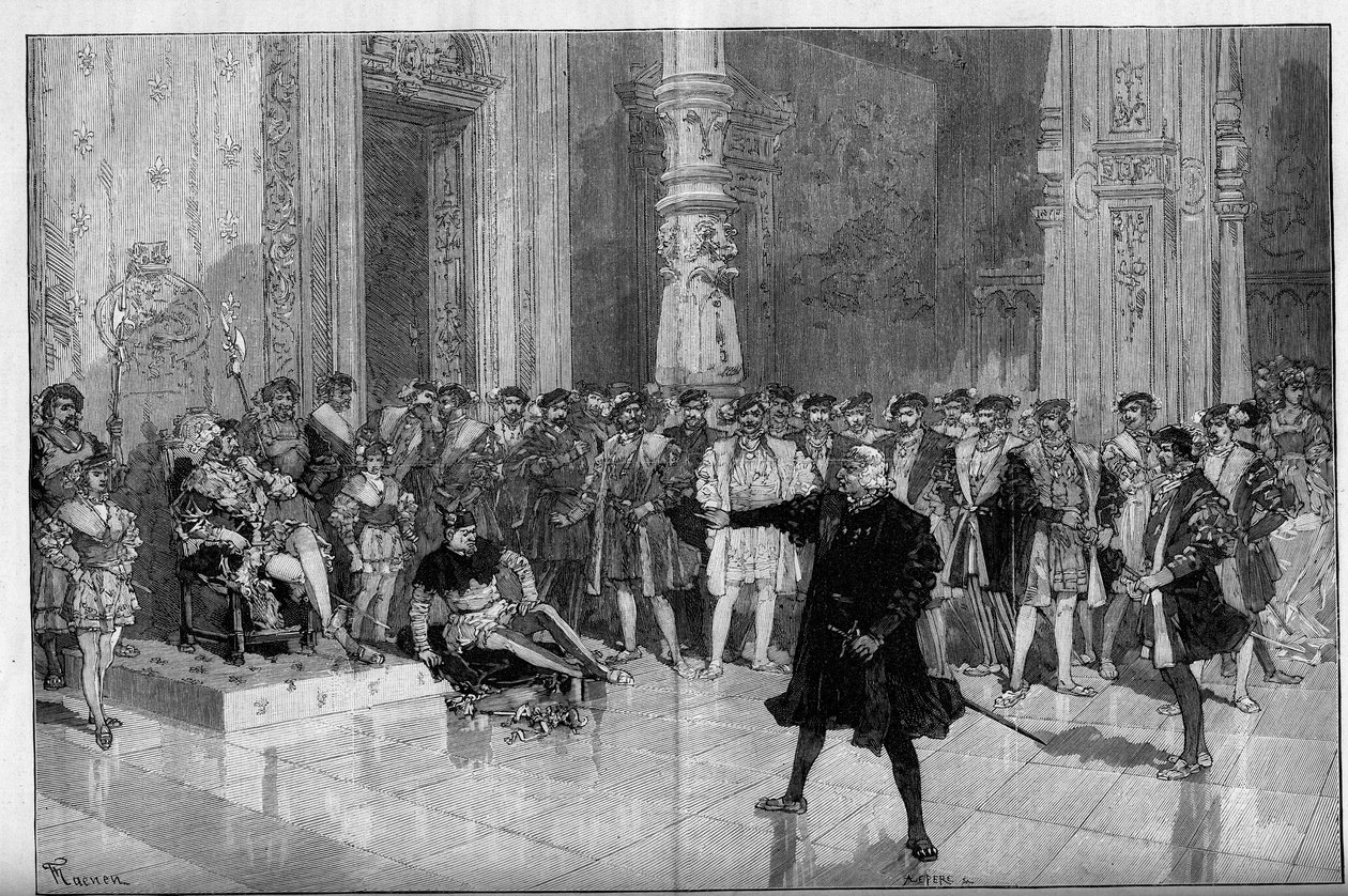 Teaterfremstilling: «Kongen har det gøy» av Victor Hugo (1808-1883). Akt I scene 5: et rom på Louvre, forbannelsen. M. de Saint Vallier (Saint-Vallier) før kong Francois I (Mounet Sully (eller Mounet Sully) 1841-1916) og narren Triboulet (Edmond) av Frederic de Haenen