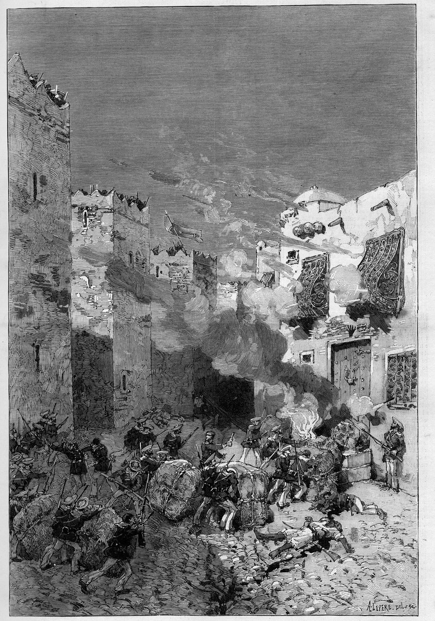 Tunisia, July 1881: French troops took the city of Stax following the revolt of the inhabitants against the French protectorate of Tunisia. Marine rifles smoke Arab houses located at the foot of the casbah (kasbah) - Engraving by De Haenen in “” The Illust av Frederic de Haenen