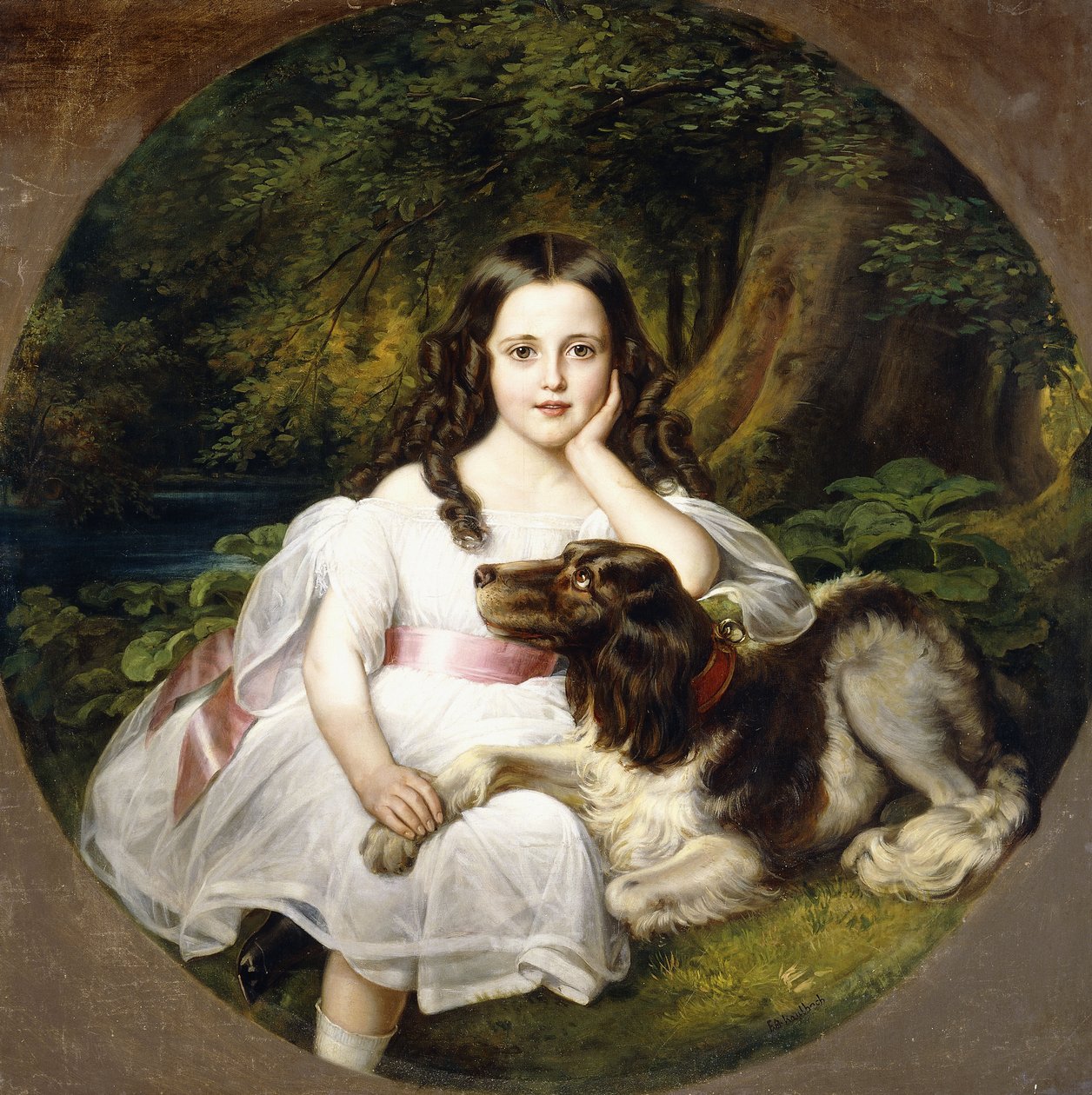 En ung jente hviler i et landskap med hunden sin, av Frederich August Kaulbach