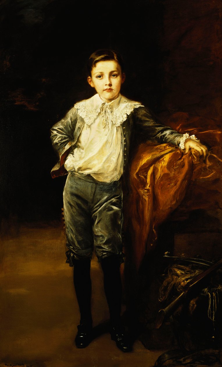 Portrett av en mester Eckstein, Stående i full lengde, Lent på et drapert bryst, 1902 av Frederich August Kaulbach