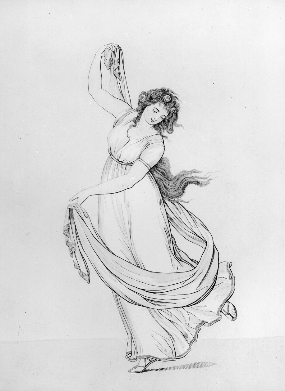 The Muse of Dance, Plate VI fra 'Lady Hamilton's 'Attitudes': Drawings faithfully copy from nature', utgitt av SWFores, 1802 (radering på blått papir) (se 137928) av Frederich Rehberg