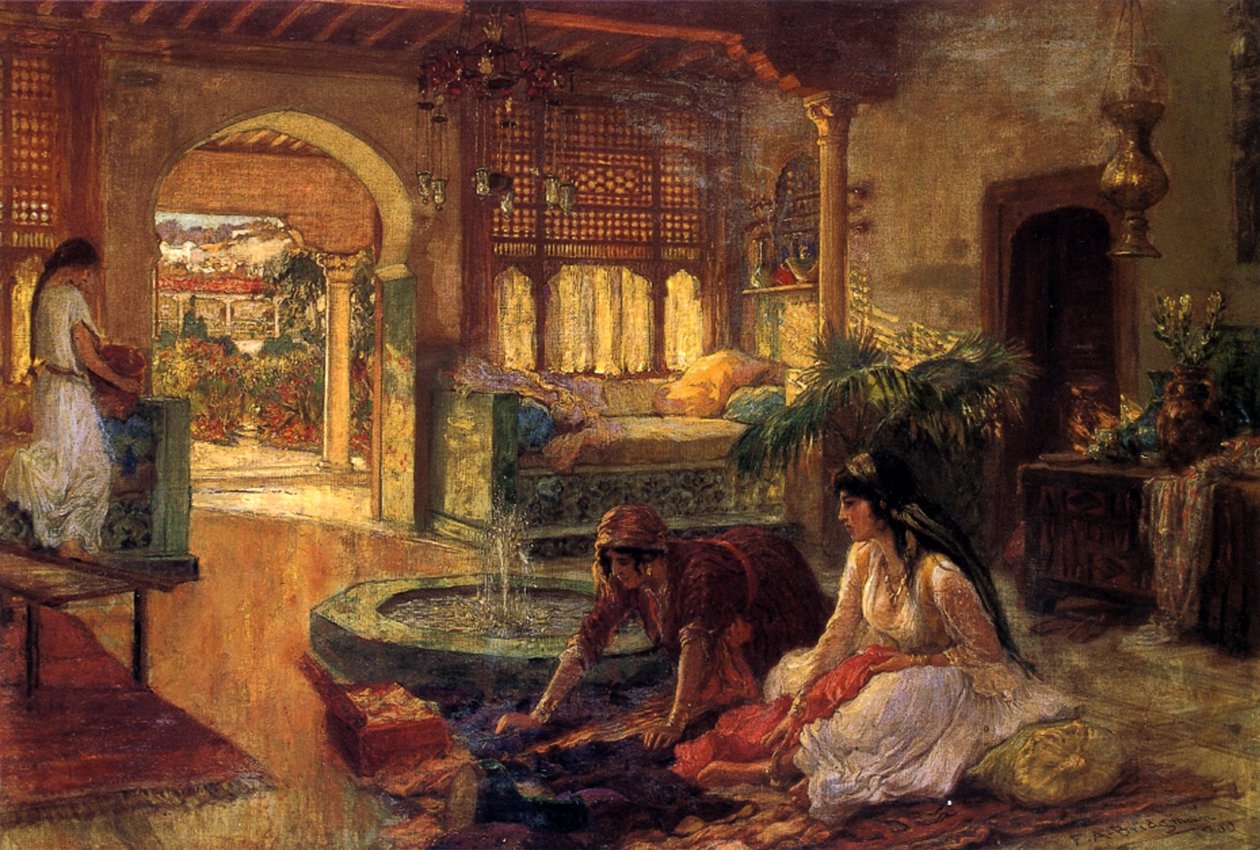 Et orientalsk interiør, 1900 av Frederick Arthur Bridgman