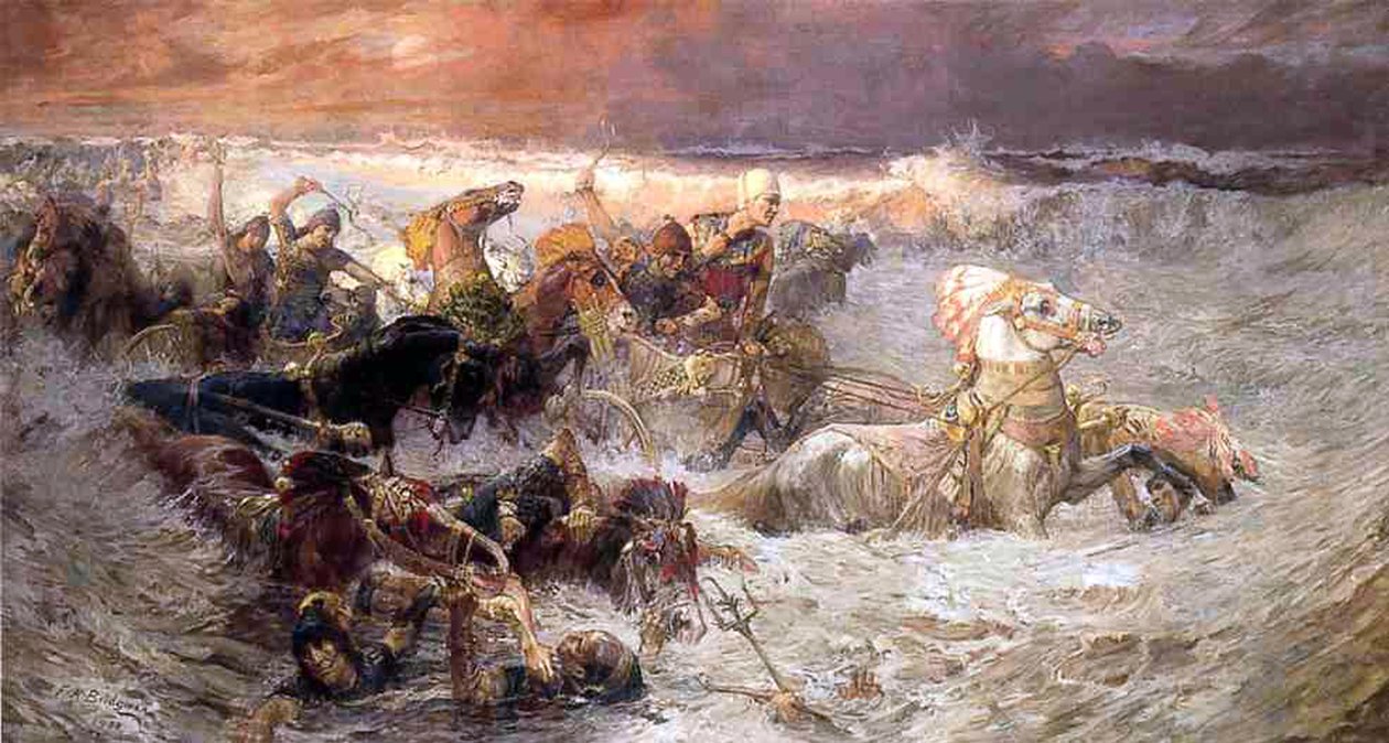 Farao og hans hær drukner i Rødehavet, 1900 av Frederick Arthur Bridgman