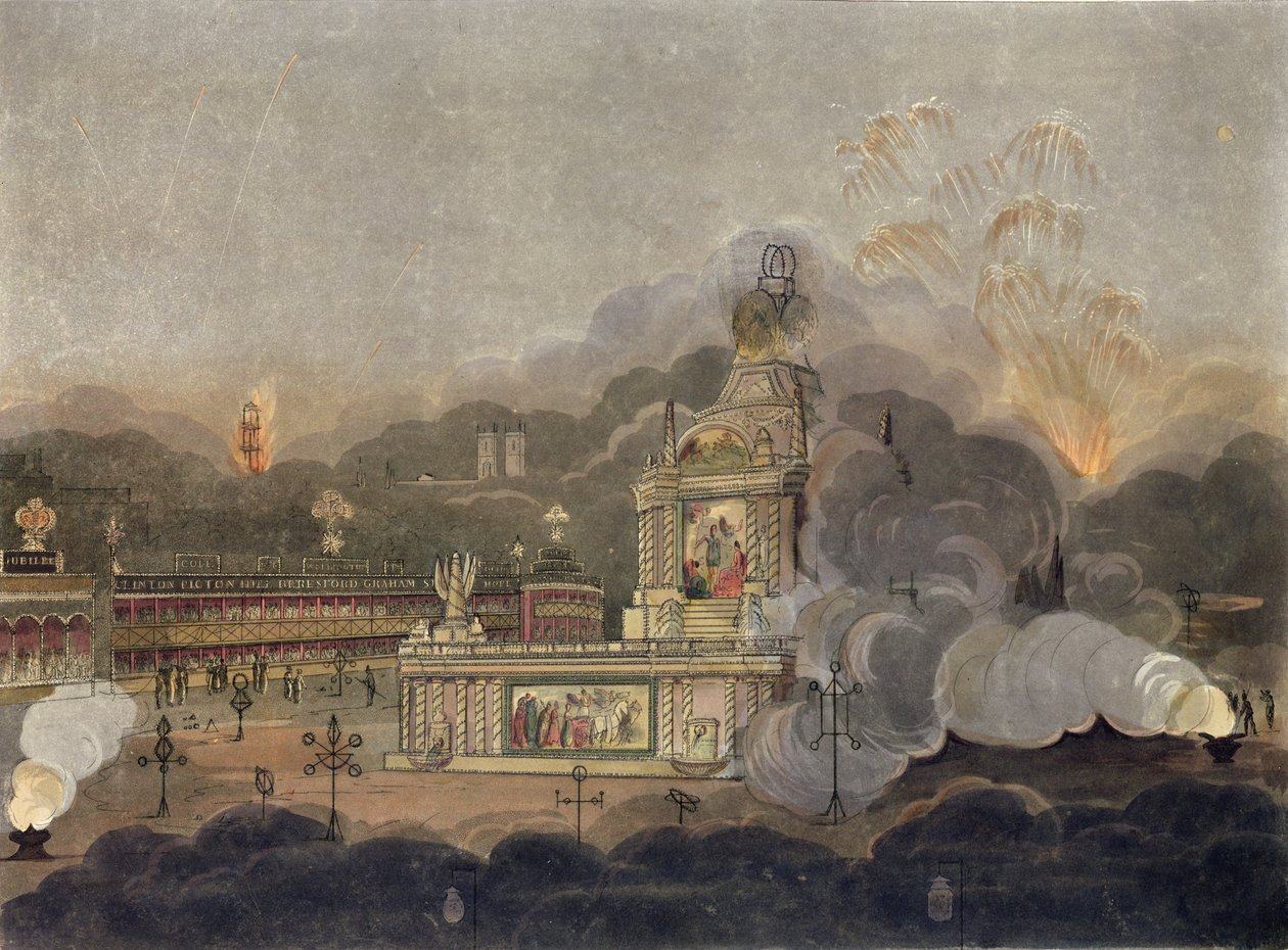 En utsikt over Temple of Concord i Green Park, 1. august 1814 (akvatint) av Frederick Calvert