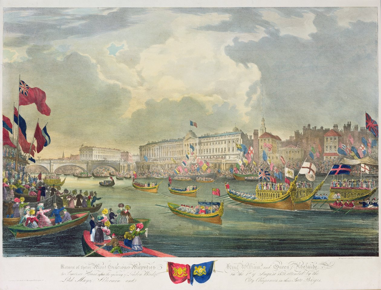 Utsikt over Themsen under kong William IV og dronning Adelaide som åpnet London Bridge, gravert av William Day (1797-1845) 1831 av Frederick Calvert