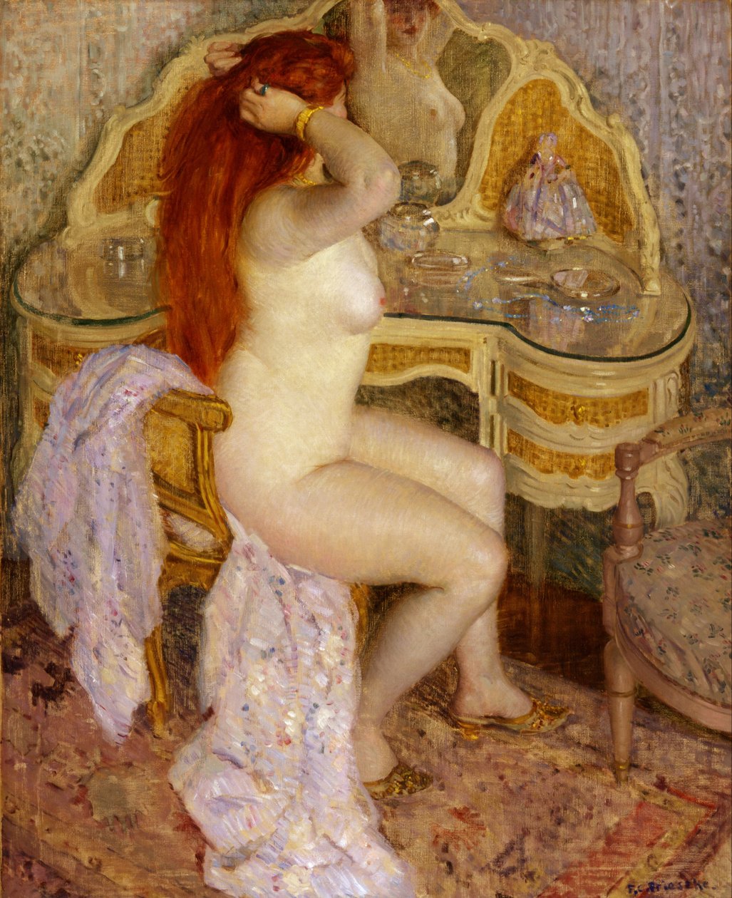 Naken sitter ved sminkebordet hennes av Frederick Carl Frieseke