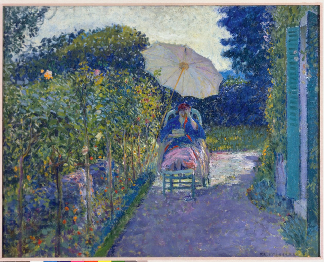 Kvinne sitter i en hage, 1914 av Frederick Carl Frieseke