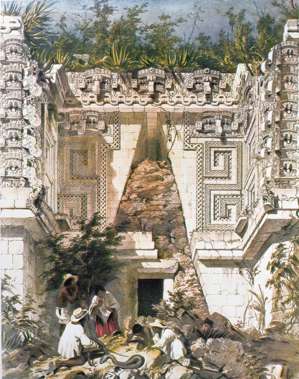Guvernørenes palass, Uxmal, Yucatan, Mexico, 1844 (farget lito) av Frederick Catherwood