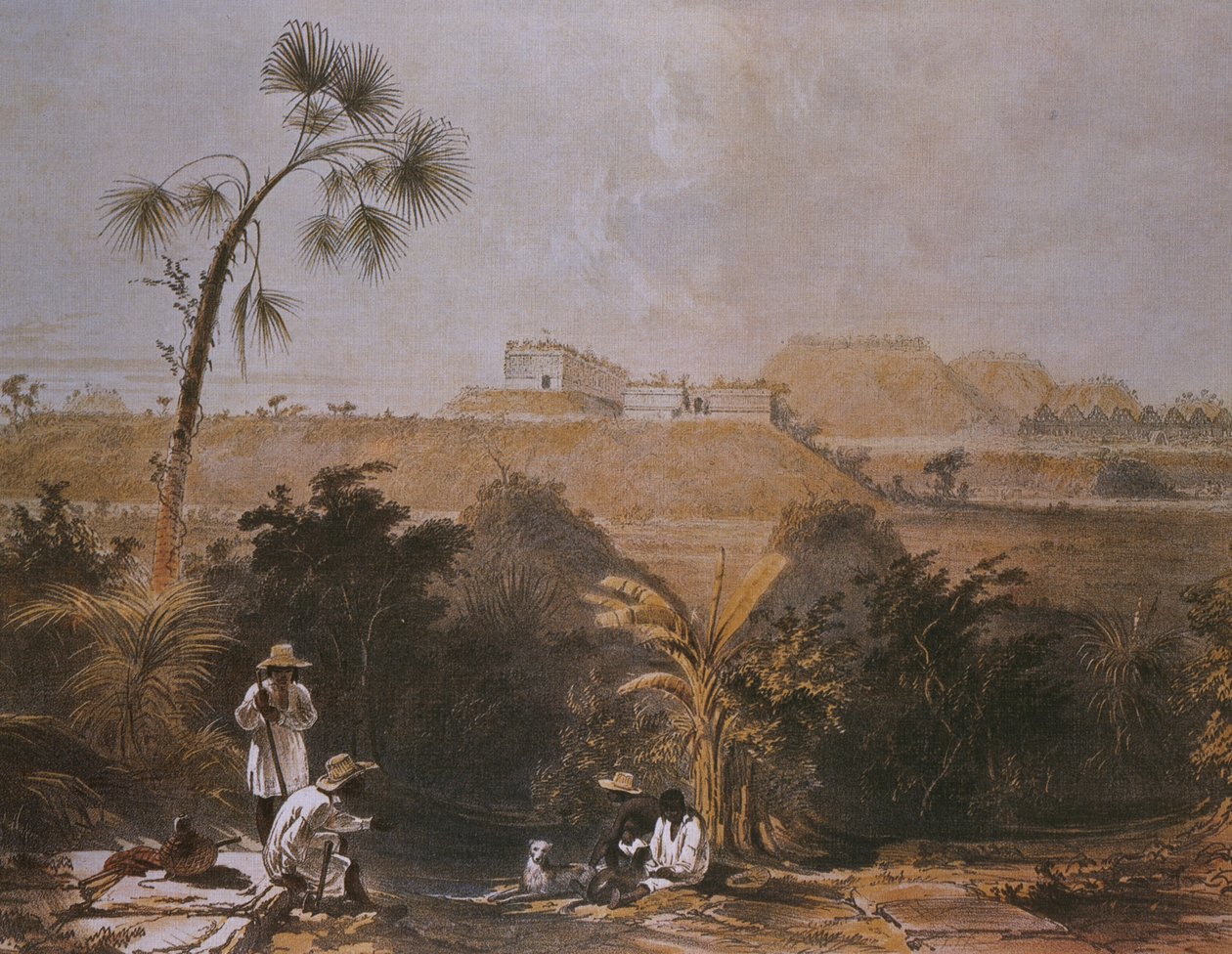 Panoramautsikt over Uxmal, Yucatan, Mexico, illustrasjon fra 