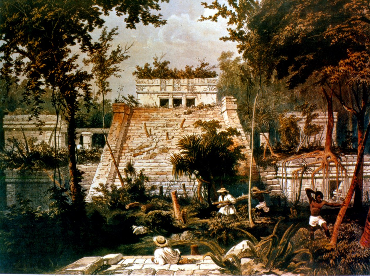 Tempel og pyramide, Tulum, Yucatan, Mexico, 1844 (farget lito) av Frederick Catherwood