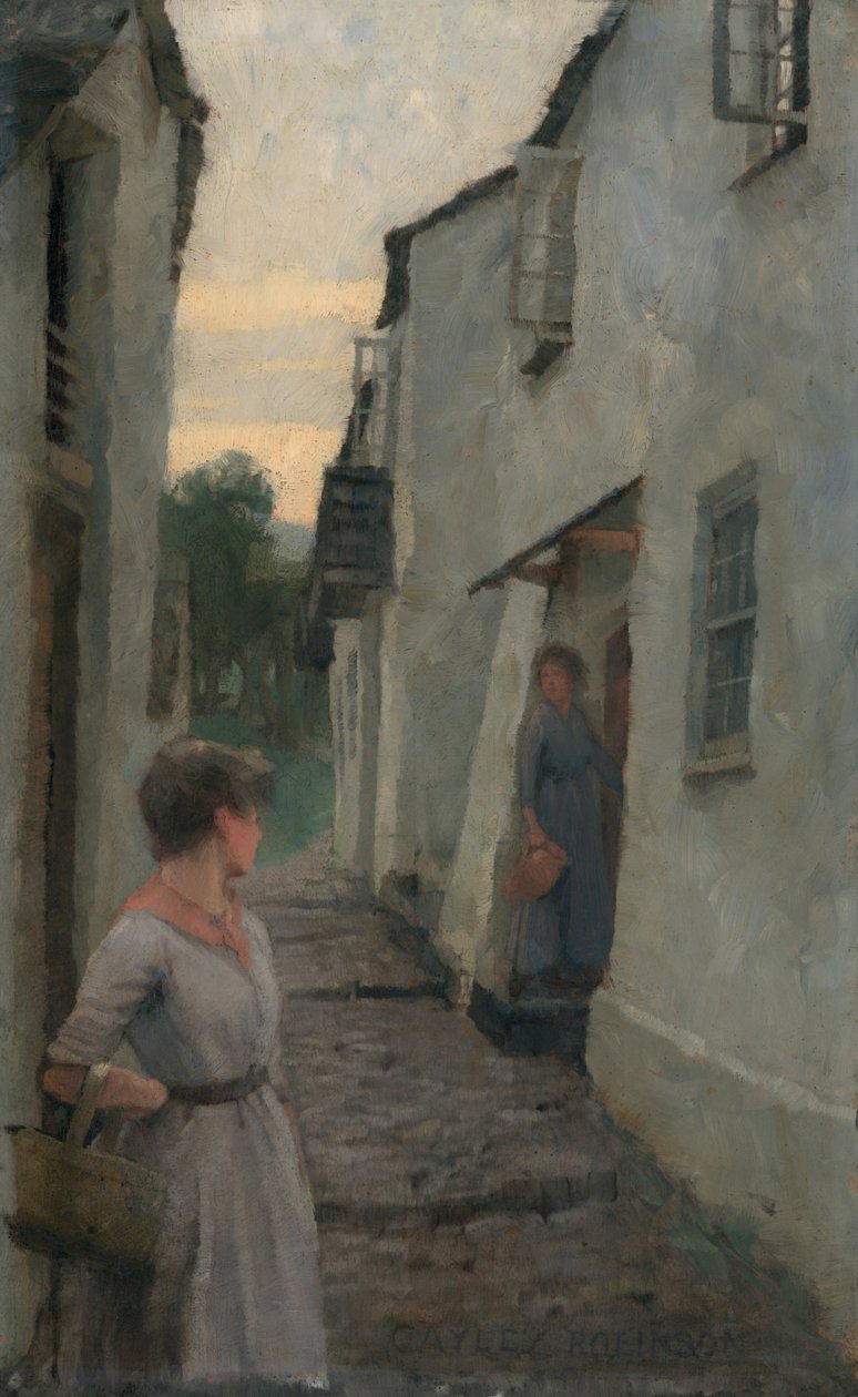 Gatescene med figur, Cornwall (olje om bord) av Frederick Cayley Robinson