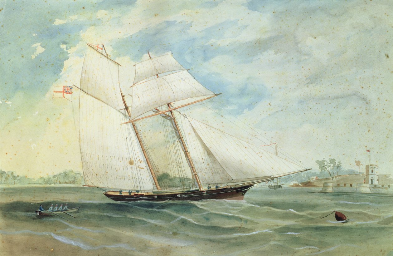 Farm Cove og Fort Macquarie, med seilskip i forgrunnen, ca. 1859-68 av Frederick Garling