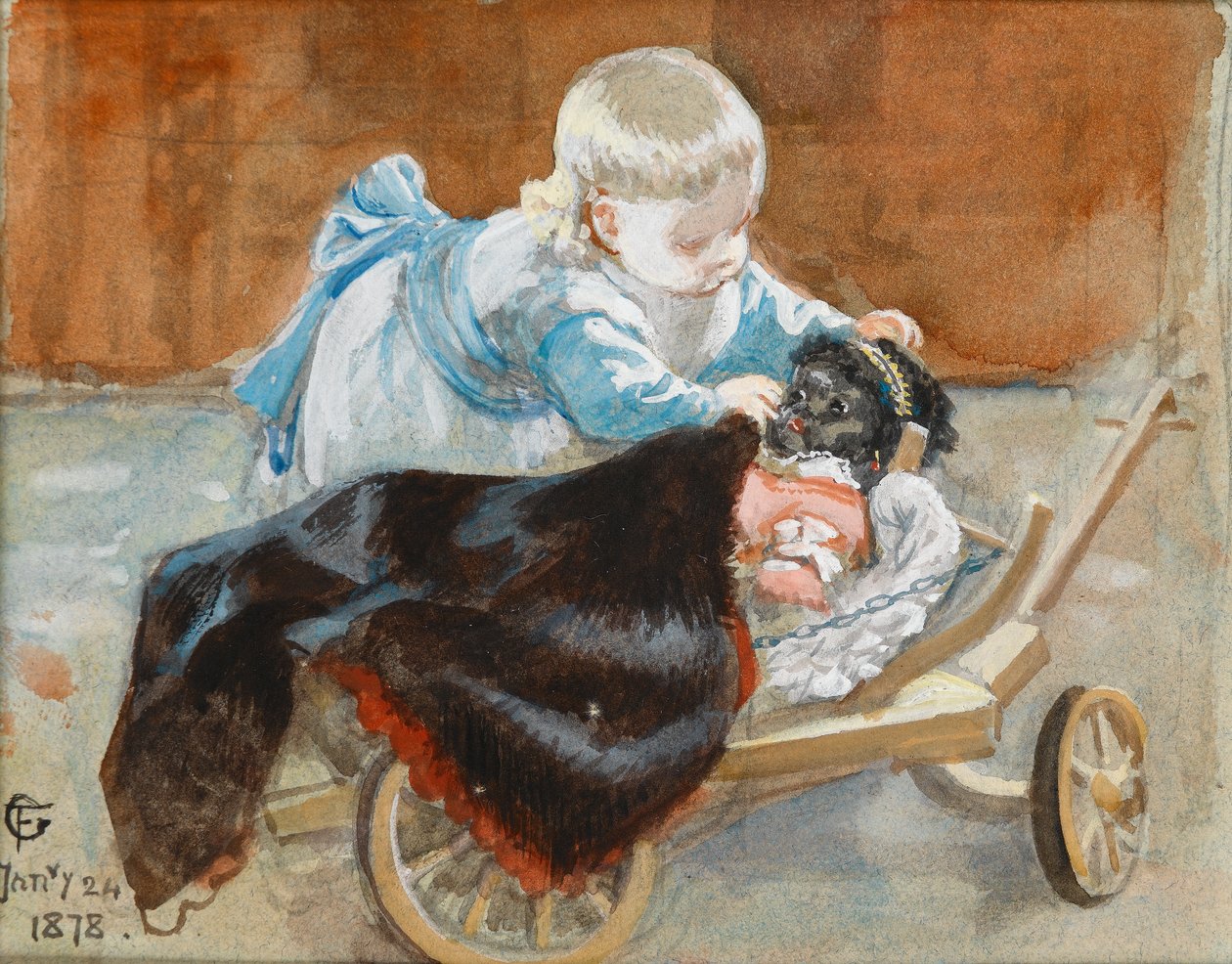 Frederica leker med en svart dukke, 1878 (wc på papir) av Frederick Goodall