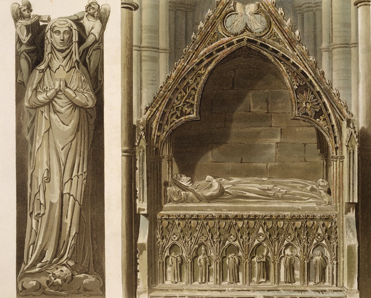 Bilde av Aveline, første kone til Edmund Crouchback, jarl av Lancaster, på nordsiden av alteret, plate G fra 'Westminster Abbey', gravert av J. Bluck (fl.1791-1831) pub. av Rudolph Ackermann ( av Frederick Mackenzie