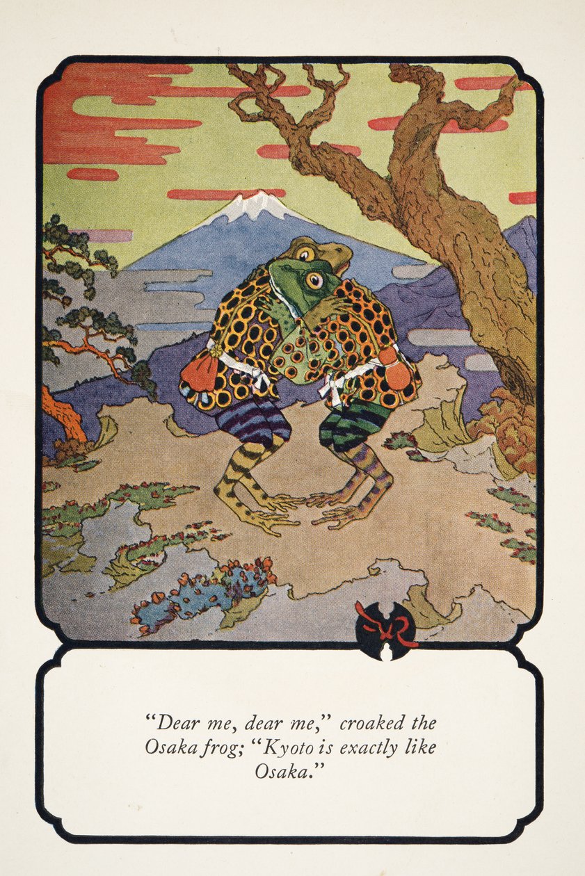 Kjære meg, kjære meg, kvekket Osaka-frosken, Kyoto er akkurat som Osaka, illustrasjon fra Little Peaching and Other Tales of Old Japan, ca. 1928 av Frederick Richardson