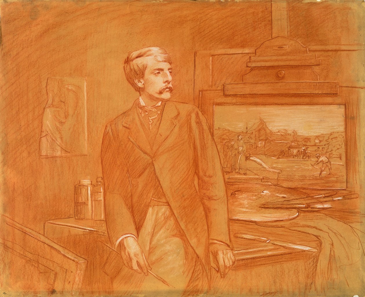 Selvportrett (rødt kritt forsterket med hvitt papir) av Frederick Walker