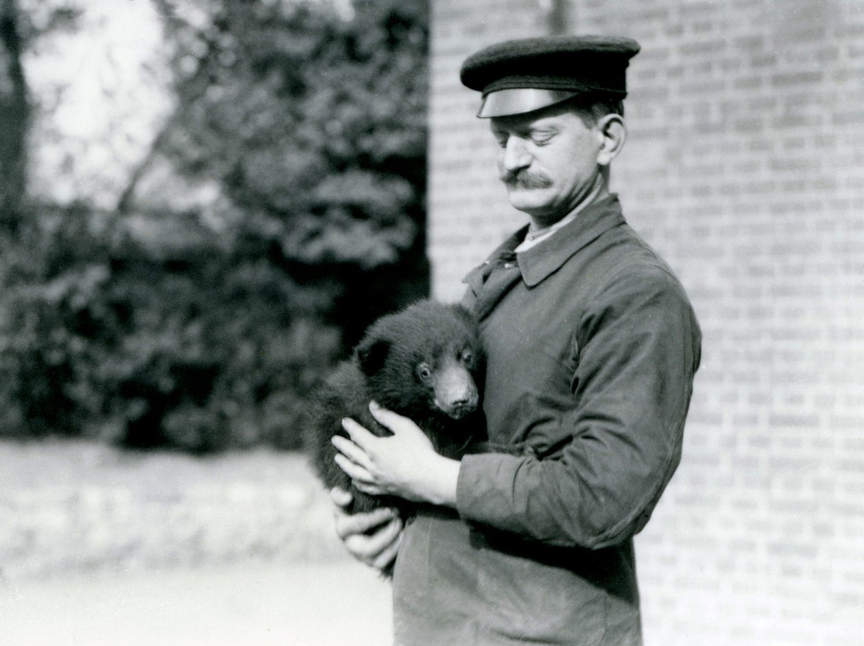 En Keeper holder en Sloth Bear-unge i London Zoo, august 1921 av Frederick William Bond