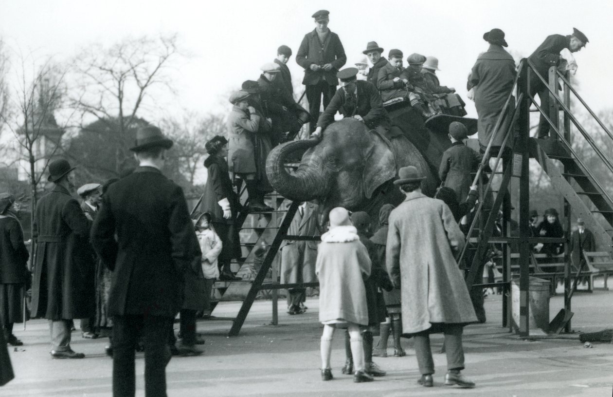 Folkemengder som ser på besøkende som legger ut på en elefanttur, overvåket av keeper Arthur Church, april 1923 (bw-bilde) av Frederick William Bond